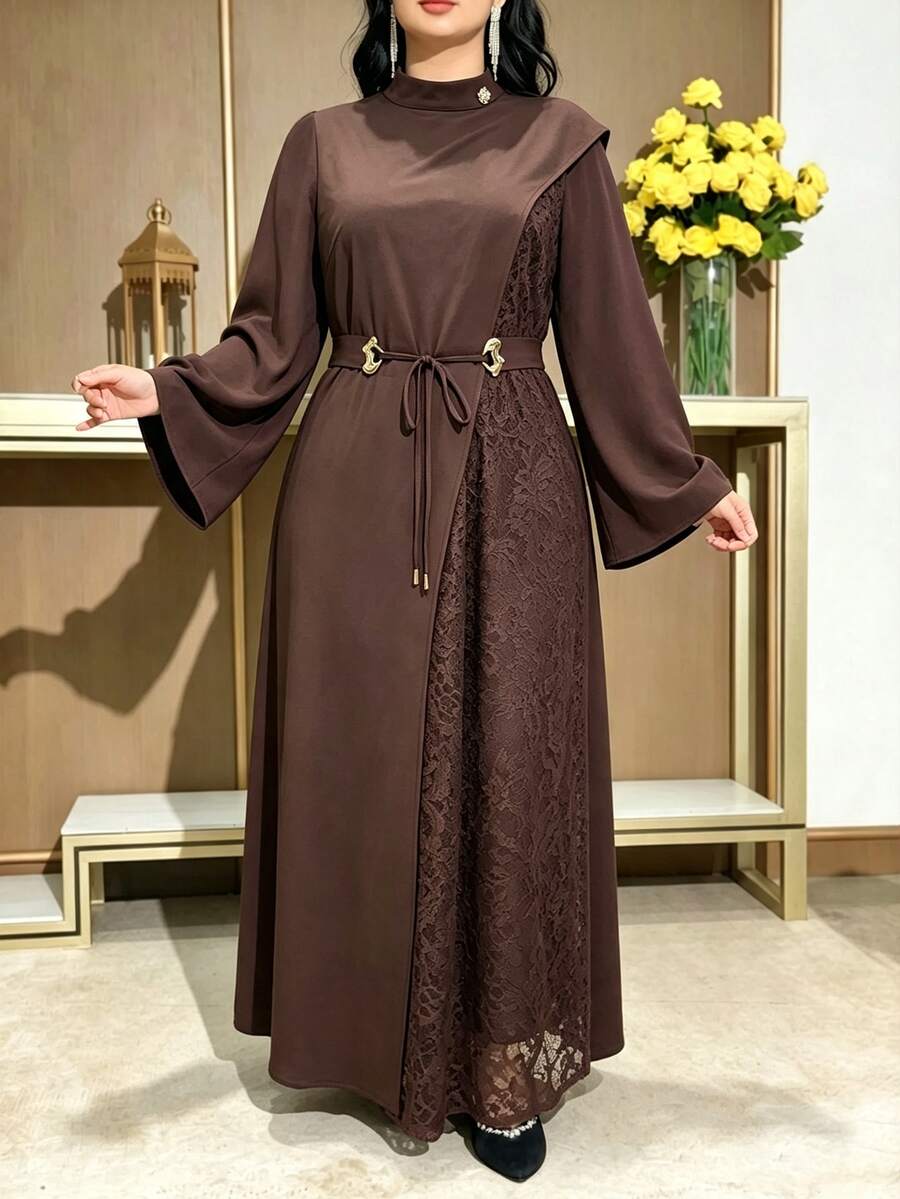 Modelyn Plus Size Women's Stand Collar Bell Sleeve Contrast Lace Elegant Dress - Coffee Brown - View 1