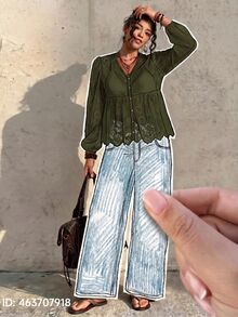 Freevana 女款蕾絲貝殼鈕扣透視襯衫，大尺碼寬鬆優雅休閒日常街頭外出通勤度假春夏女裝大尺碼襯衫 - 軍綠色 - 查看 15