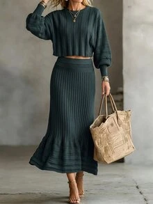 Wandoria Bộ 2 món nữ thu mới gồm chân váy ngắn eo chun và áo len chui đầu dệt kim phong cách quý cô thanh lịch cao cấp kiểu Pháp, eo rút trang trí - xanh quân đội - Xem 5