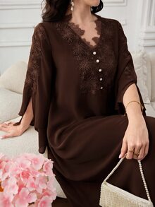 Al Najma Women's Button Decor Lace Solid Color Loose Arabian Dress - Coffee Brown - View 4