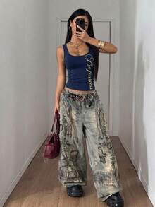 Fiercella Fiercella 女款春夏海軍藍百搭通勤U領字母印花街頭風休閒修身辣妹學院風返校背心外穿上衣 - 藏蓝色 - 查看 5