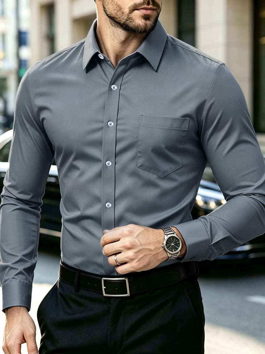 Manfinity Mode 男士純色簡約日常長袖黑色正式襯衫,黑色正裝襯衫,秋季,儀式 - 深灰色 - 查看 1