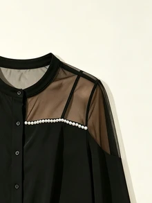 Velvienne Áo blouse nữ size lớn phối lưới tương phản trang trí ngọc trai giả phong cách thanh lịch - màu đen - Xem 6