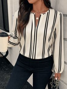 SHEIN VCAY Áo sơ mi công sở size lớn họa tiết sọc phối màu cổ chữ V xẻ notch - Nhiều màu - Xem 4