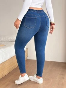 SHEIN CURVE+ Plus Size Women's Casual Daily Wear Denim Jeans With Pockets - Blue - View 2