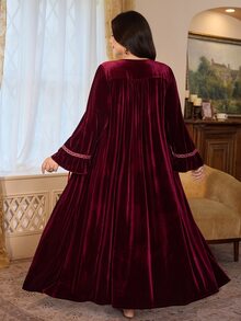 PalaceNights Heavy Embroidery Vintage Palace Style Velvet Plus Size Robe + Camisole Nightgown 2pcs Set - Burgundy - View 2