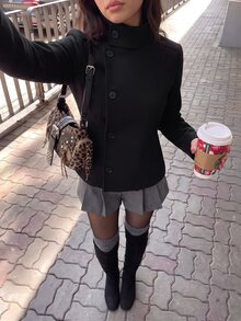 Sweetina جاكيت صوف أسود بياقة واقفة وأزرار جانبية فردية بأسلوب بريبي عتيق - الأسود - مشاهدة 4