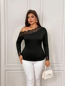 Femmeverse Plus Size Women's T-Shirt, Elegant Sexy Casual Minimalist Commute Versatile Cold Shoulder Lace Patchwork Design Long Sleeve - Black - View 5