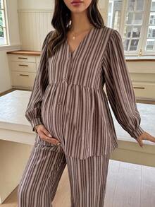 Dazy Maternity 時尚條紋鬆身長袖上衣與休閒長褲 2 件套日常穿著孕婦裝 - 棕色 - 查看 1