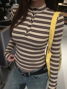 DAZY 女款夏季圓領半鈕扣性感修身簡約都市休閒內搭短袖T恤 - 黑色 - 查看 4