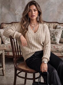 Ceyna كنزة صوفية نسائية مقاس كبير بتصميم أكمام خفاشية مضلعة، كاجوال للتنقل اليومي، ملابس علوية للخريف/الشتاء - متعدد الألوان - مشاهدة 5