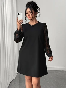 SHEIN Elenzya Black Wide Sleeve Embroidered Design Plus Size Dress - Black - View 3