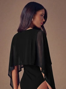 SHEIN BAE CURVE جمبسوت نسائي مقاس كبير بلون سادة مثير متعدد الاستخدامات بياقة شال - الأسود - مشاهدة 2