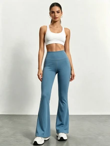 Easithlete Women's Striped Colorblock High Waist Flared Leg Yoga Pants - Dusty Blue - View 4