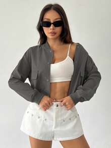 Flirla Women's Button Long Sleeve Fashion Loose Baseball Jacket - Dusty Purple - View 4