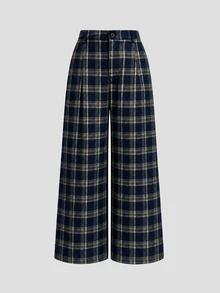 Sweetra Plus Size Women's Button Casual Versatile Plaid Wide Leg Pants - Navy Blue - View 1