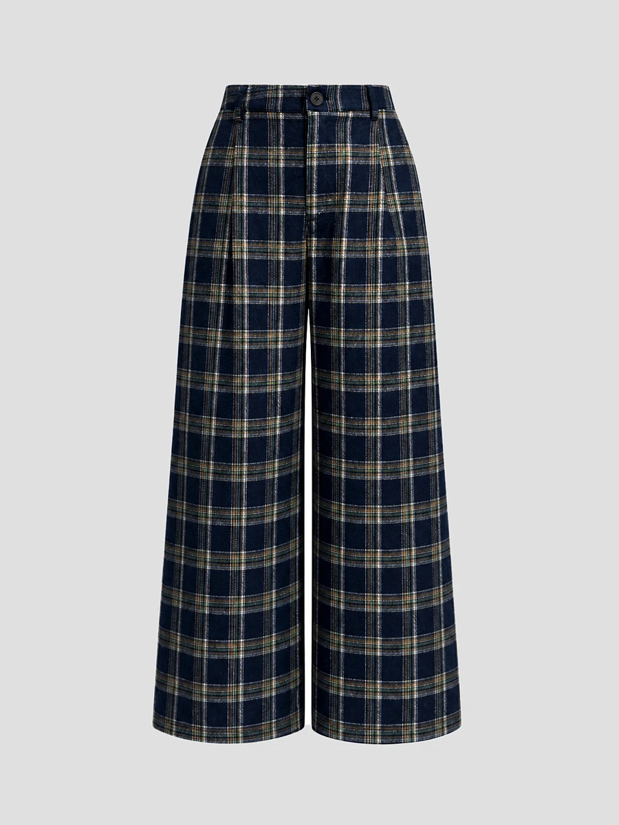 Sweetra Plus Size Women's Button Casual Versatile Plaid Wide Leg Pants - Navy Blue - View 1