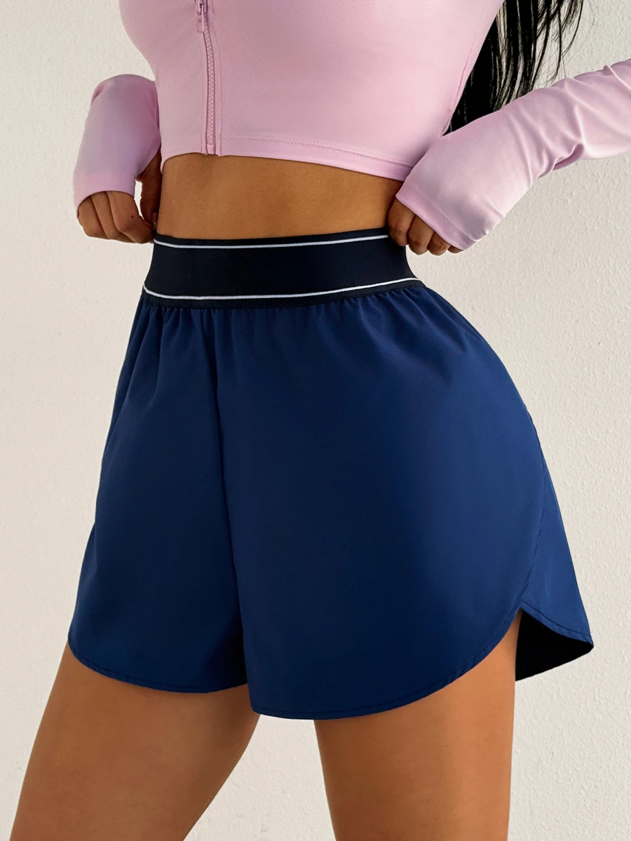 SHEIN Dewbera Women's Fashion Versatile Solid Color Asymmetrical Side Athletic Shorts - Navy Blue - View 1