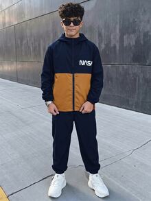 2件組兒童青少年男孩休閒運動拼色連帽外套與長褲套裝，適合通勤、上學、日常穿著、度假、旅行、運動，秋冬款 - 彩色 - 查看 3