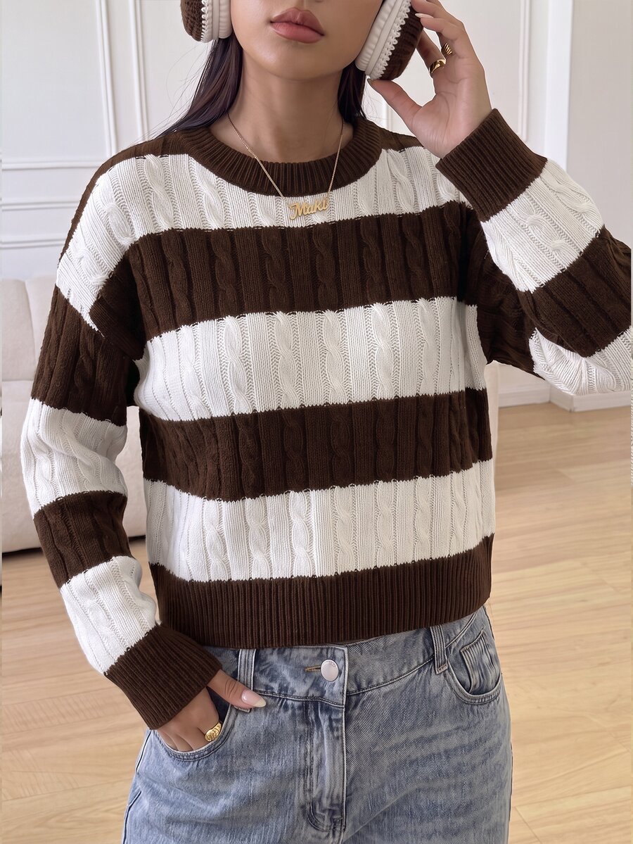 SHEIN 青少年女孩棕色與白色條紋海軍藍圓領毛衣,秋冬開學季 - 棕色 - 查看 1