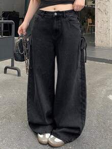 Dazy Plus Casual Washed Side Tie-Up Wide Leg Jeans For Girls, Long Pants, Spring/Autumn - Black - View 2