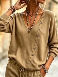 LUMIGAL Sweater Rajut Kancing Lengan Panjang Leher V Wanita - Khaki - View 5