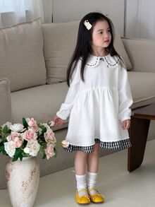 DAZY Tween Girl) Plaid Decor Patchwork Bowknot Long Sleeve Puff Sleeve Cute Sweet Dress - White - View 7
