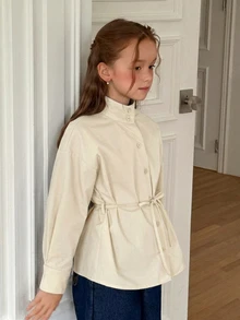Hapijoa Girls' Stand Collar Long Sleeve Autumn Tie Waist Basic Jacket Shirt (Large) - Beige - View 2