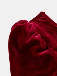 SHEIN 女童聖誕優雅紅色天鵝絨拼接薄紗露背蝴蝶結公主裙，假日派對、新年禮物、聖誕派對洋裝、聖誕連身裙、紅色裙子 - 紅色 - 查看 4