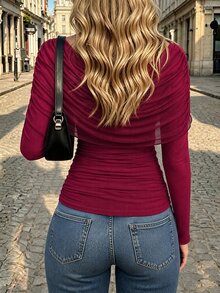 Celisse Lady's Elegant Pleated Round-Neck Mesh Batwing Sleeve Top, With Pleated Side Waistline And A Fitted Solid Color Design, Elegant In Style. - Burgundy - View 2