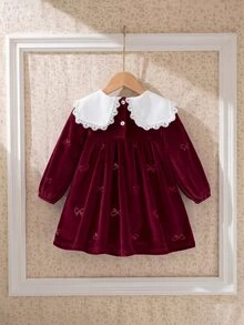 Souflis Souflis 2件組幼女絨毛洋裝 優雅甜美酒紅色蕾絲蝴蝶結印花 長袖圓領 加厚毛絨款 適合冬季與秋季節慶 - 酒紅色 - 查看 2