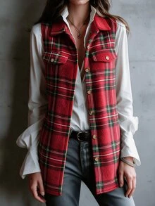 SHEIN 女款休閒學院風格紋翻領背心外套，紅色格紋，感恩節聖誕節適用，秋冬日常穿著、上學穿搭 - 紅色 - 查看 6