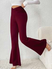 SHEIN LUNE 2025新款女式休閒通勤度假節日不對稱腰線顯瘦喇叭褲 素色 - 酒紅色 - 查看 4
