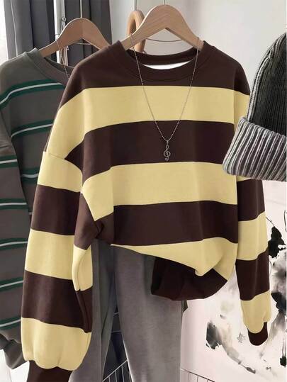 SHEIN LUNE Women's Round Neck Striped Colorblock Sweatshirt, Casual Minimalist Plus Size Sweatshirt For Autumn/Winter