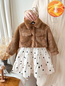 SHEIN 2件組幼女夾克＋波點洋裝，甜美棕色荷葉邊分層毛絨長袖翻領加厚款，生日秋冬節日優雅穿搭 - 棕色 - 查看 3