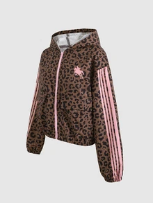SHEIN 青少年女孩豹紋與條紋圖案長袖拉鍊休閒連帽夾克 - 棕色 - 查看 4