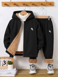 SHEIN 2件組兒童青少年男孩保暖內裡刷毛加厚連帽小馬動物印花標準版型冬季夾克與休閒運動基礎長褲套裝，適合冬季、通勤、上學、日常休閒、度假、旅行 - 黑色 - 查看 2