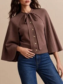 CielaLinda Women's Brown Ruched Cape Knit Cardigan, Tie Front Bow Button Sweater - Brown - View 3