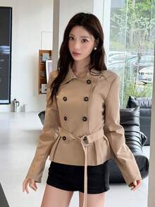 K-Vae Women's Long Sleeve Button-Up Collar Solid Color Casual Trench Coat Jacket - Apricot - View 6
