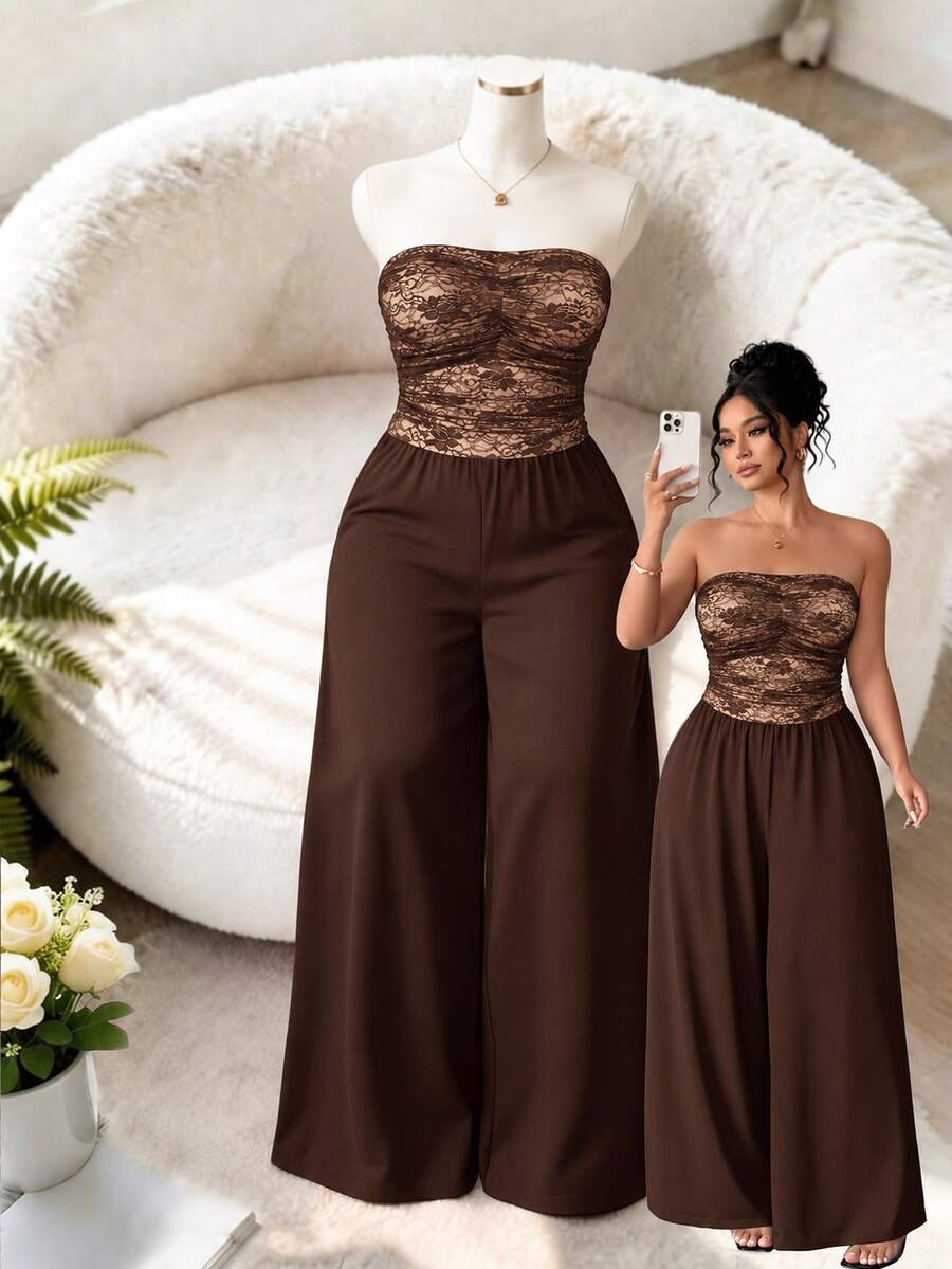 Cravure Plus Size Women's Strapless Ruched Wide Leg Knit Jumpsuit - Coffee Brown - View 1