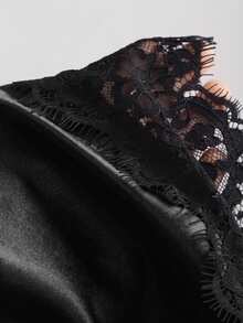 Sweetra Premium Black Shiny Satin High-Waist Slimming Asymmetrical Hem Eyelash Lace Patchwork Draped Skirt - Black - View 4