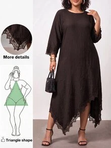 Truni Plus-Size Women's Round Neck Asymmetrical Hem Lace-Trimmed Brown Long Dress Apple,Rounded Body - Brown - View 4