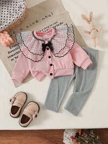 SHEIN 2件組女嬰公主風粉灰波點網紗荷葉邊蝴蝶結長袖圓領休閒連身褲外套套裝，秋季度假款，羅紋設計 - 粉色 - 查看 2