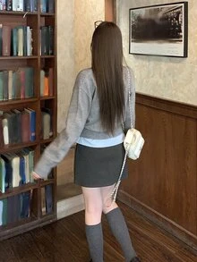 DAZY American Style Grey Long Sleeve Knit Sweater & Bodycon Skirt Set, College Style Outfit For - Grey - View 7