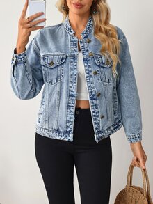 SHEIN Women's Long Sleeve Single-Breasted Casual Pocket Denim Jacket - Blue - View 9