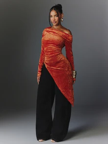NYA SZN Women's Solid Color One Shoulder Long Sleeve Ruched Asymmetric Hem Fashion Top - Orange - View 5