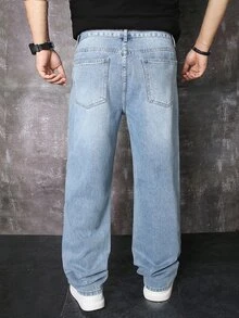 QuarKem Men's Fashion Commute Casual Small Design Blue Washed Denim Straight Leg Pants - Light Wash - View 2