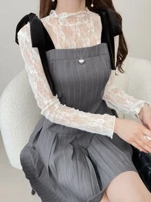FRIFUL Women's Autumn Colorblock Spaghetti Strap Tie Bow Pleated Short Dress - Grey - View 6
