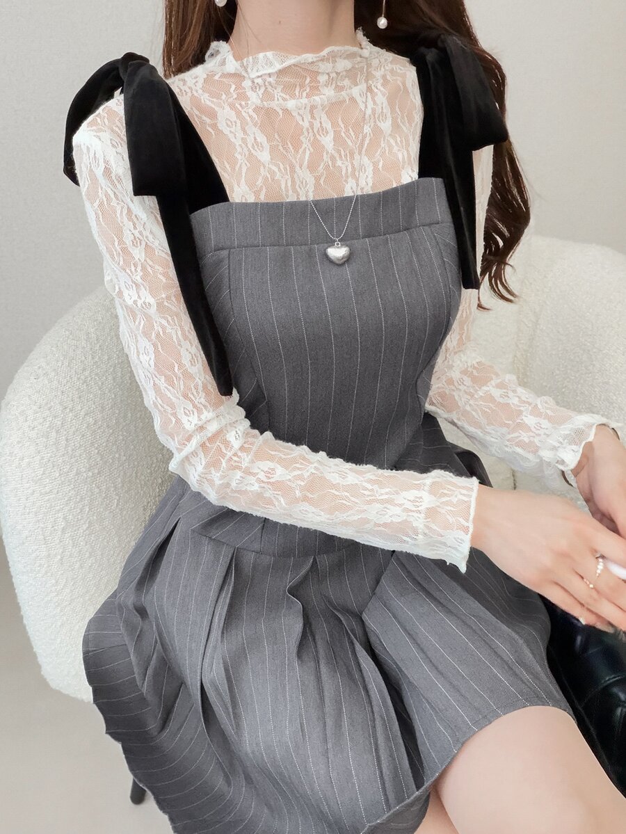 FRIFUL Women's Autumn Colorblock Spaghetti Strap Tie Bow Pleated Short Dress - Grey - View 1