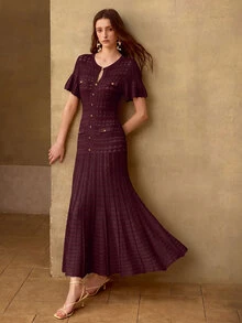 MOTF PREMIUM WOMEN'S AUTUMN/WINTER CROCHET WAIST-CINCHING FLARED SHORT SLEEVE LONG KNIT DRESS - Burgundy - View 1